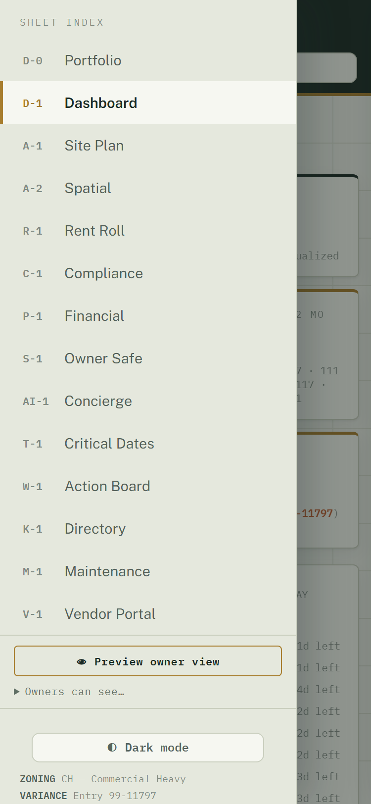 The sheet index drawer on a phone