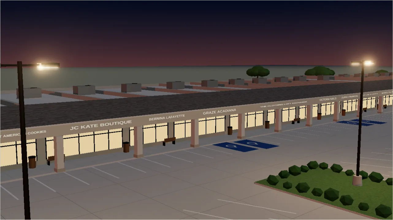 A-8 Styled Twin — storefronts at dusk